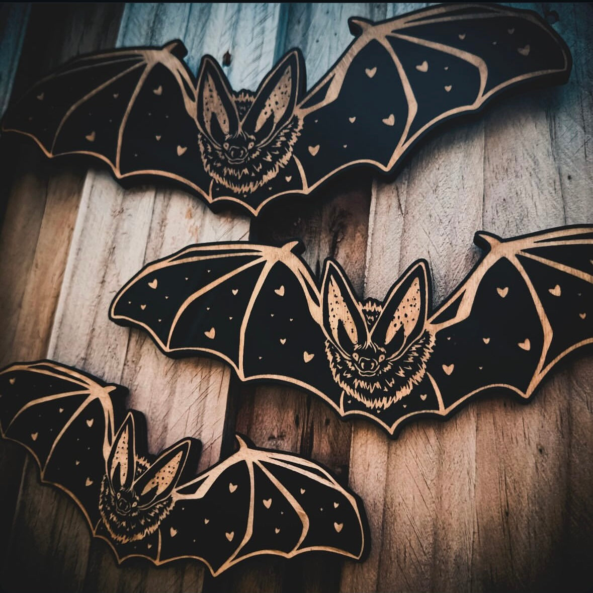 Heart Woodcut Bats