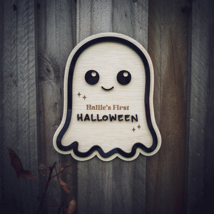 Baby's First Halloween Sign, Personalised Wooden Ghost