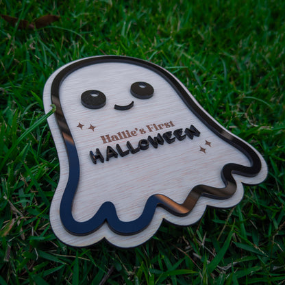 Baby's First Halloween Sign, Personalised Wooden Ghost